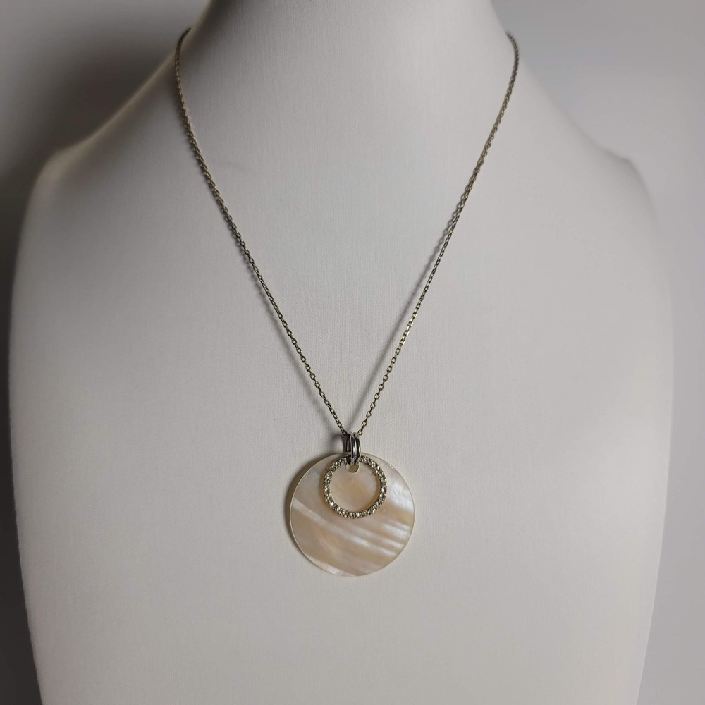 Cookie Lee Mother of Pearl Disc Necklace Gold Tone Pave Crystal Circle Pendant